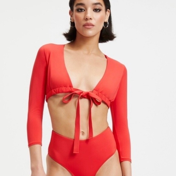 Good American NWT Tie Front Size 0 Sexy Swim Top 3/4 Sleeve Bright Poppy Red - Picture 1 of 8